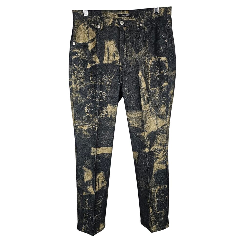Karen Kane Dark Denim Gold Metallic Painted High Rise Jeans Art to Wear Size 10